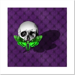 Acid Green Skull Moth on Purple Spider Pattern - Goth Fashion - Halloween Posters and Art